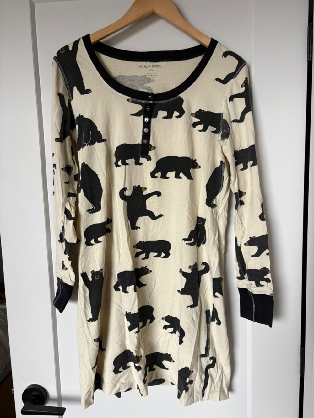 Bear Print Long Sleeve Nightshirt - Cream & Black 100% cotton